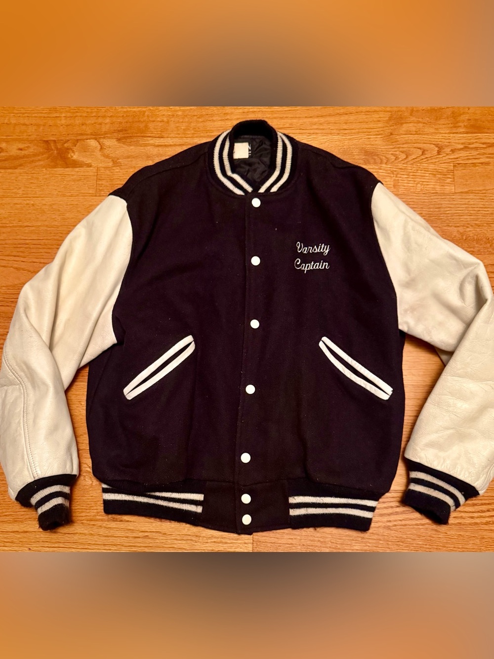 Vintage Varsity Captain Black & White Letterman Jacket Wool & Leather Crew Club